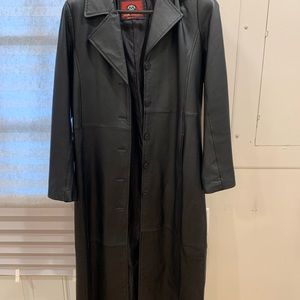 Black leather long coat jacket